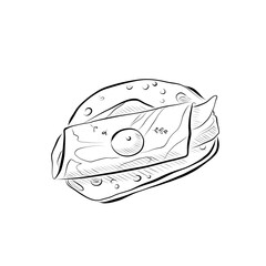 Line drawing. Line art food - bruschetta with cheese, prosciutto, jamon.