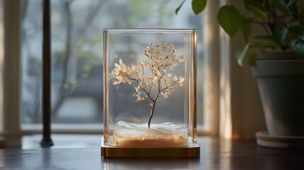 Preserved floral arrangement in a clear acrylic cube on a wooden surface.