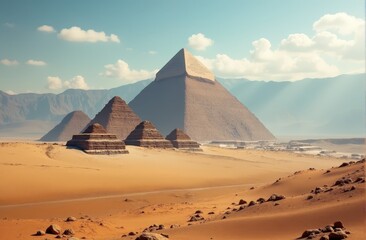 A group of pyramids in the desert with mountains in the background