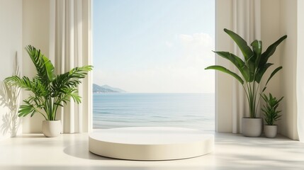 Fototapeta premium A minimalist podium with a light beige background, a window overlooking the sea, and a large blank space for product display.