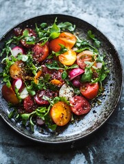 Vibrant Arugula and Radish Salad with Heirloom Tomatoes on Rustic Plate : Generative AI