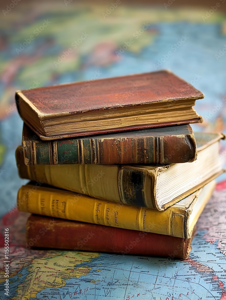 Poster Stack of vintage books on world map symbolizing travel knowledge and history : Generative AI