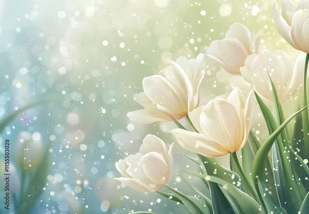 Poster elegant white tulips surrounded by soft bokeh effect and gentle light creating a dreamy floral atmos