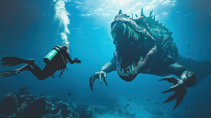 scuba diver in the sea with a scary monster