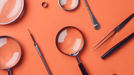 A flat lay of magnifying glasses and tools on an orange surface.