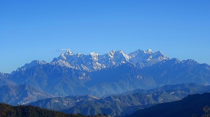 A panoramic view of snow-capped mountains against a clear blue sky.