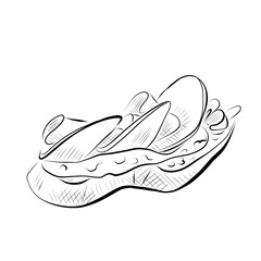 Line drawing. Line art food - bruschetta with cheese, prosciutto, jamon.