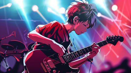 Obraz premium An anime style illustration of a young man playing guitar on stage.