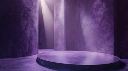A purple room with a circular stage in the middle. Background for display your product. Podium mock up for product presentation.