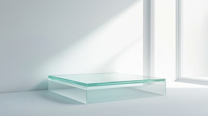 A glass table with a window in the background. Background for display your product. Podium mock up for product presentation.
