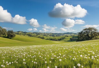 Expansive Green Meadow with Dandelions Under a Blue Sky and Fluffy Clouds in a Scenic Landscape Filled with Rolling Hills and Vibrant Nature