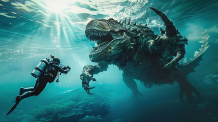 scuba diver in the sea with a scary monster