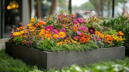 Naklejka premium Grass podium with vibrant flowers growing at the base 