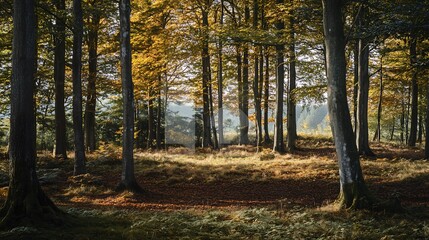 Obraz premium Sunlit Autumn Forest with Golden Leaves and Tall Trees Creating a Serene Woodland Atmosphere : Generative AI