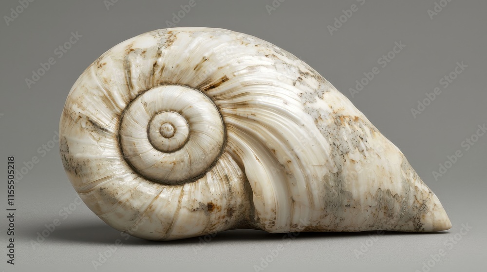 Poster close-up view of a clean spiral shell lying flat on a neutral gray background for artistic display