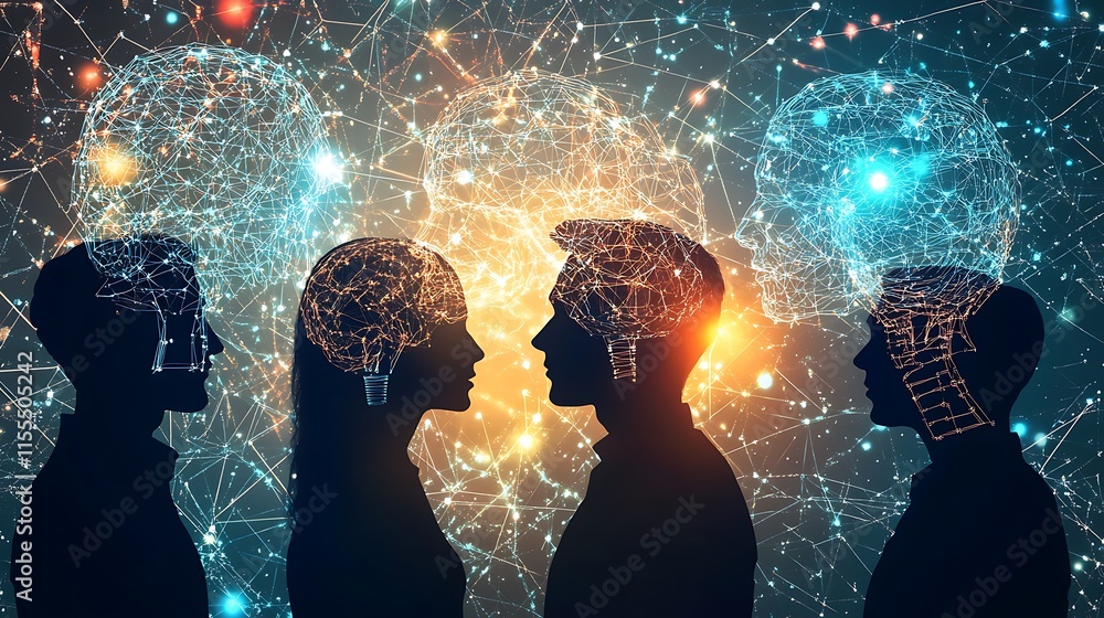 Poster silhouettes of people with glowing human brain digital networks above them for symbolizing interconn