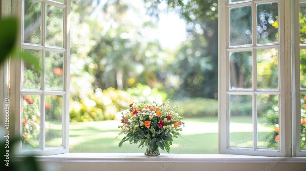 Poster bright garden view through a window showcasing colorful flowers in a serene outdoor setting. generat