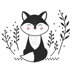 llustration zeigt einen lächelnden Fuchs in einem minimalistischen Stil, umgeben von filigranen Pflanzenmustern. Die monochrome Farbpalette mit sanften Akzenten verleiht dem Motiv einen modernen Stil