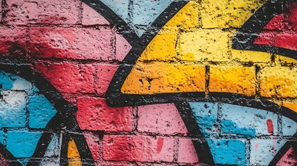 Fototapeta premium Vibrant graffiti mural on a brick wall with Colorful geometric patterns bold strokes for create a stunning urban art scene concept.