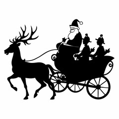 Santa Claus Riding In A Horse Drawn Carriage With Reindeers Black silhouette