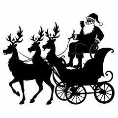 Santa Claus Riding In A Horse Drawn Carriage With Reindeers Black silhouette