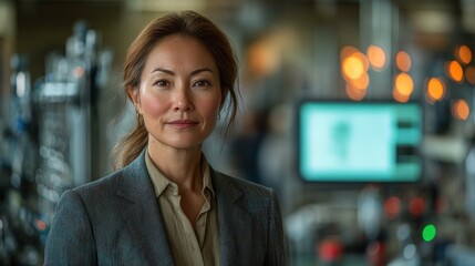 Senior female physicist in a laboratory with advanced machinery and glowing monitors