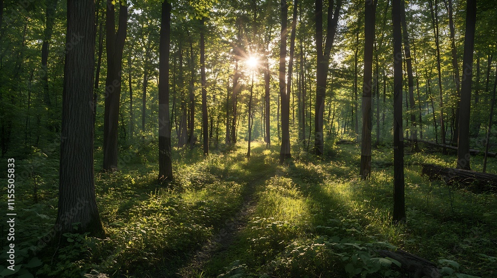 Poster Sunlight Filtering Through Lush Green Summer Forest : Generative AI