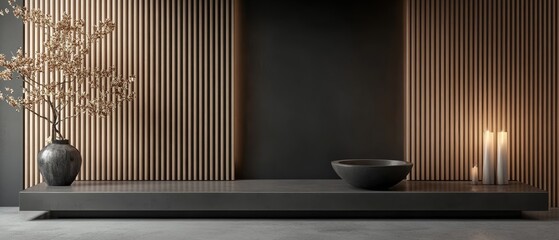 A minimalist interior display featuring a dark wall, candles, and decorative elements.