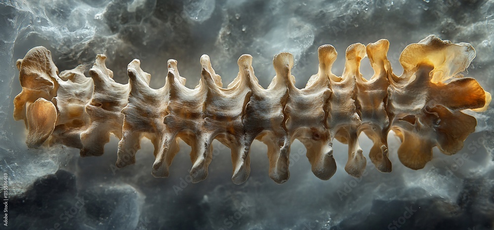 Poster a detailed image of a vertebral column displayed against a textured background.