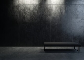 Dark room with concrete wall, floor, and low platform.
