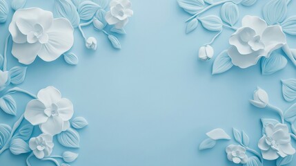 A blue background with white flowers and leaves. Background for display your product.