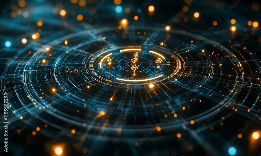 Poster a digital abstract design featuring glowing circles and lines, symbolizing technology.