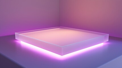 A square glass surface with a pink light shining on it. Background for display your product. Podium mock up for product presentation.