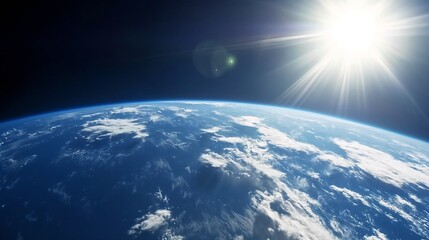 View of Earth from space with the sun shining brightly