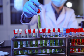 Close-up of a male scientist analyzing blood vessels in a modern laboratory. He is experimenting...