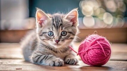 Adorable Grey Kitten Playing Pink Yarn Ball - Cute Cat Photo
