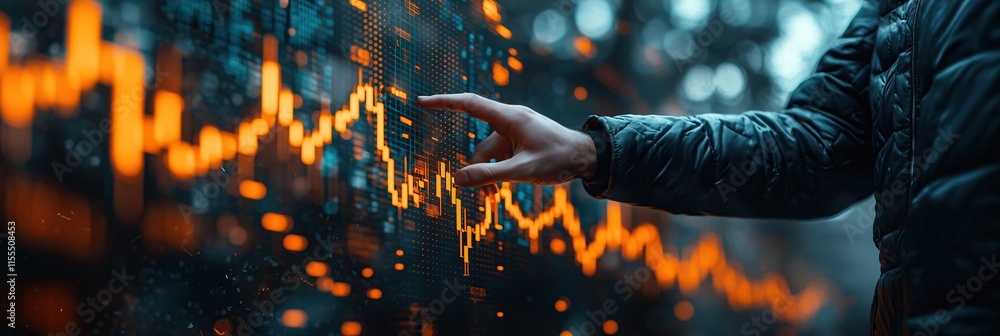 Aufkleber Hand interacting with dynamic stock market data display showing fluctuating prices trends