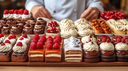 Assorted delicious pastries and cakes on display.