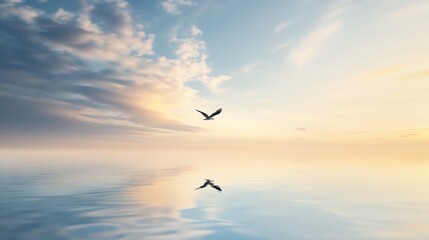 Fototapeta premium Solitary bird flying over calm water at sunset