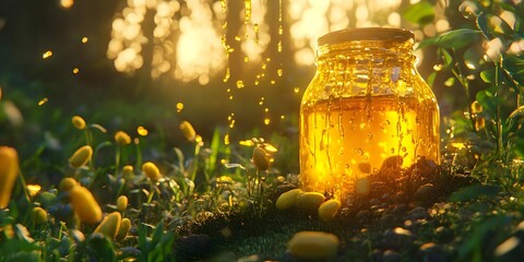 A glowing jar of honey surrounded by lush greenery and sunlight.