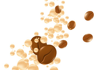 Elegant 3D floating coffee beans with fluid milk or cream bubbles splash isolated PNG, transparent background. Liquid coffee decoration for menu, coffee shop poster ads, infographic, commercial banner