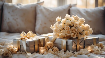 Wedding gifts and flowers in an elegant white bedroom VIEW,