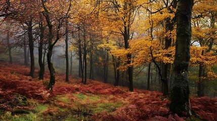 Naklejka premium Vibrant Autumn Forest Colors with Golden Leaves and Fern Carpet : Generative AI