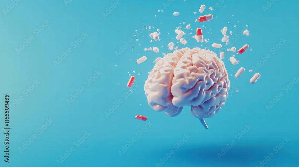 Poster 3d model of a human brain surrounded by colorful pills floating against a bright background. generat
