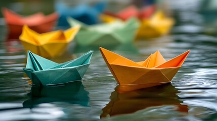 Fototapeta premium Colorful origami boats floating on water, creating a serene and playful atmosphere.