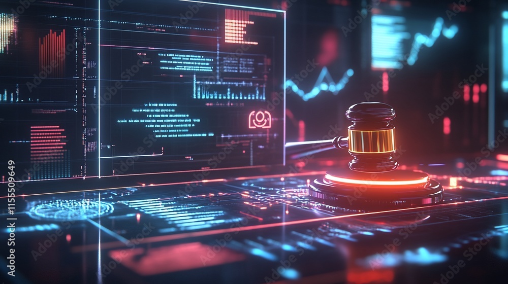 Poster a digital gavel symbolizing justice amidst data and analytics visuals.