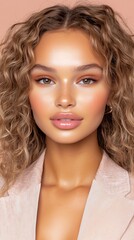 Obraz premium Close up of portrait young woman curly hair natural makeup wearing light pink blazer