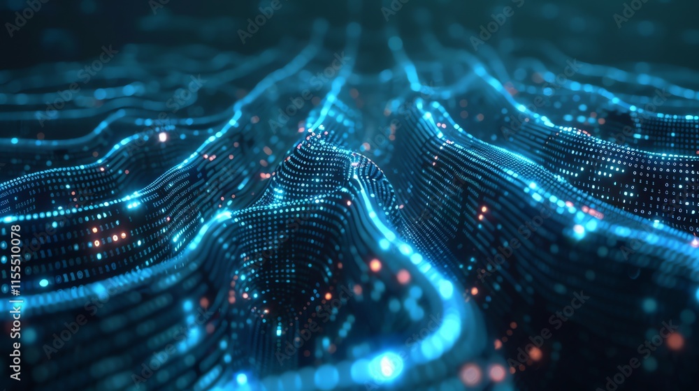 Poster abstract rendering of a digital landscape with glowing blue and red lines.