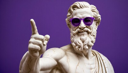 greek white marble statue flexing smiling, wearing cool violet sunglasses, shows index finger up, violet backgroun