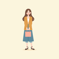 Flat Cartoon Illustration of a Trendy Young Woman Holding a Pink Shopping Bag Dressed in a Yellow Jacket and Blue Skirt with Minimalist Background